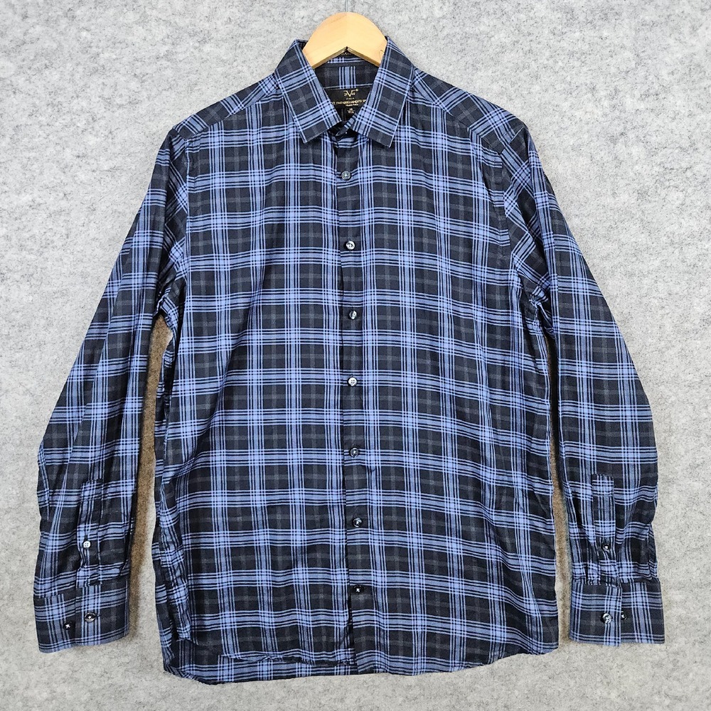 Versace 19V69 Italia Modern Fit Dress Shirt Size M 15 1/2 Blue Plaid Preppy‎
